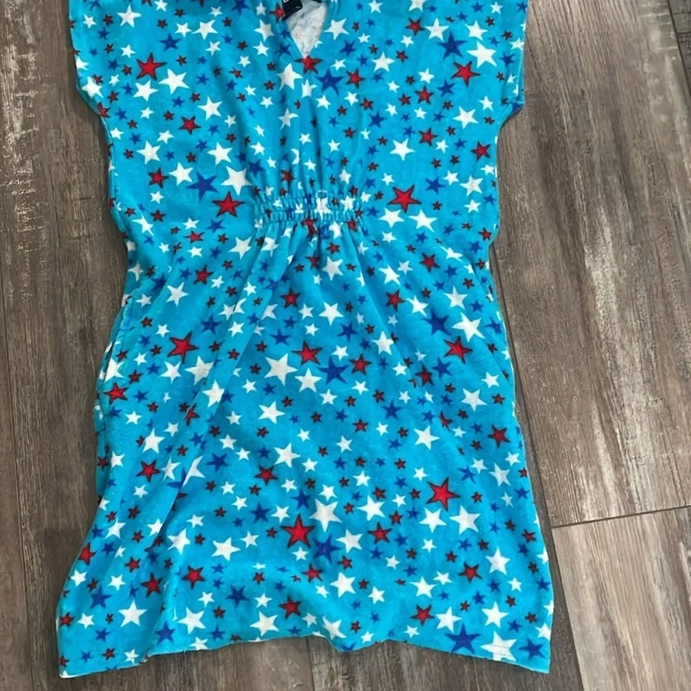Lands' End Terry Cloth Hooded Star Print Swimsuit Coverup Beach Pool size 10-12